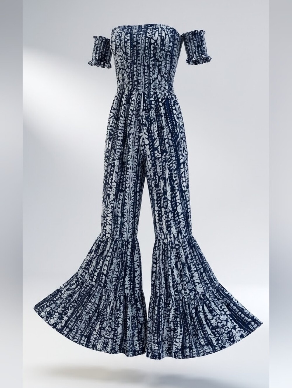 Olivaceous | Off-Shoulder Navy & White Printed Wide-Leg Jumpsuit